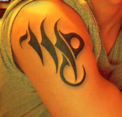 Black Tribal Virgo Zodiac Sign Tattoo On Right Shoulder