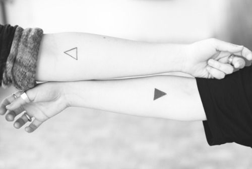 Black Upside Down Triangle Tattoo On Couple Forearm