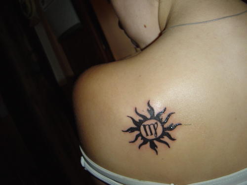 Black Virgo Zodiac Sign In Sun Tattoo On Left Back Shoulder