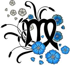 Black Virgo Zodiac Sign With Flowers Tattoo Design