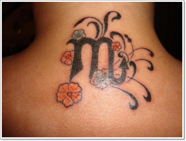 Black Virgo Zodiac Sign With Flowers Tattoo On Upper Back