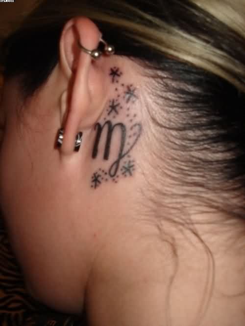 Black Virgo Zodiac Sign With Stars Tattoo On Girl Left Behind The Ear