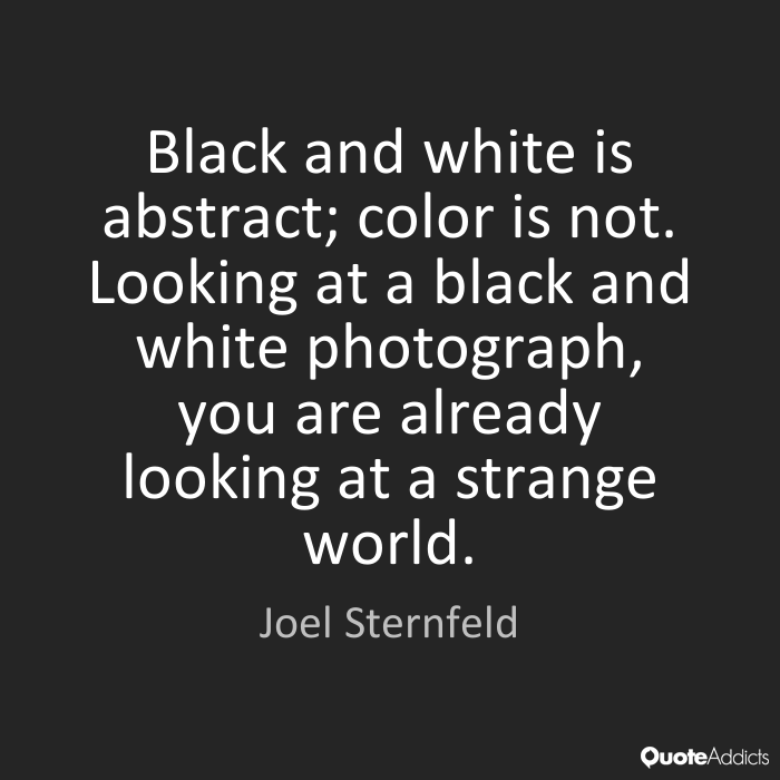 Black and white is abstract; color is not. Looking at a black and white photograph, you are already looking at a strange world. Joel Sternfeld