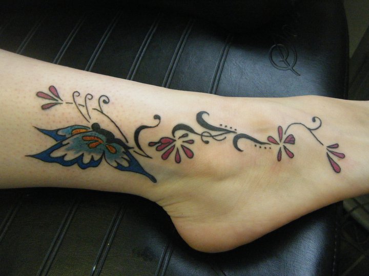 Blue Butterfly Foot Tattoo Idea For Girls