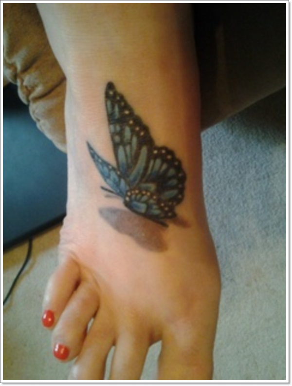 Blue Butterfly Tattoo On Girl Right Foot