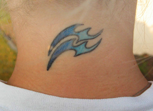 Blue Ink Aquarius Zodiac Sign Tattoo On Girl Back Neck