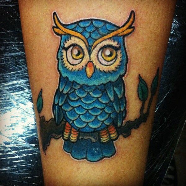 Blue Ink Owl Tattoo Design For Thigh