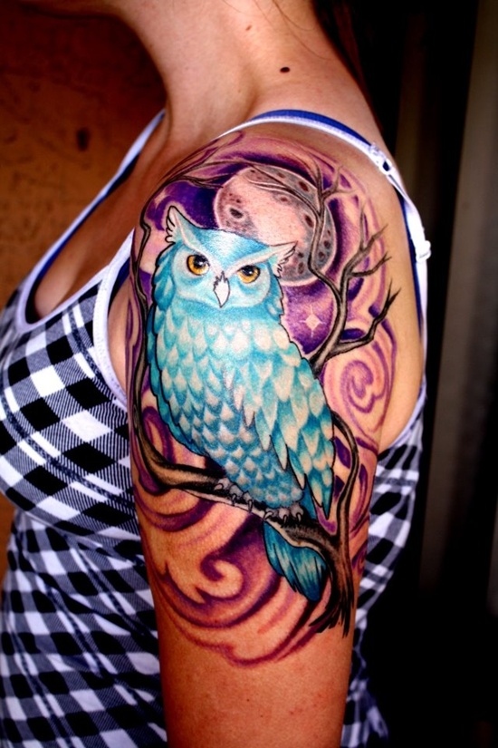 Blue Ink Owl With Moon Tattoo On Girl Left Shoulder