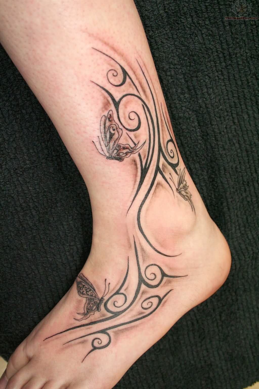 Butterflies And Tribal Ankle Band Tattoo