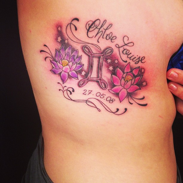 Chloe Louise - Memorial Gemini Zodiac Sign With Flowers Tattoo On Right Side Rib