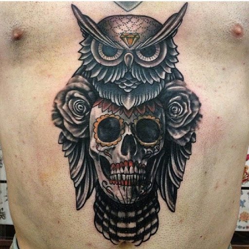 Classic 3D Owl With Sugar Skull And Roses Tattoo On Man Stomach By Per Thoresson