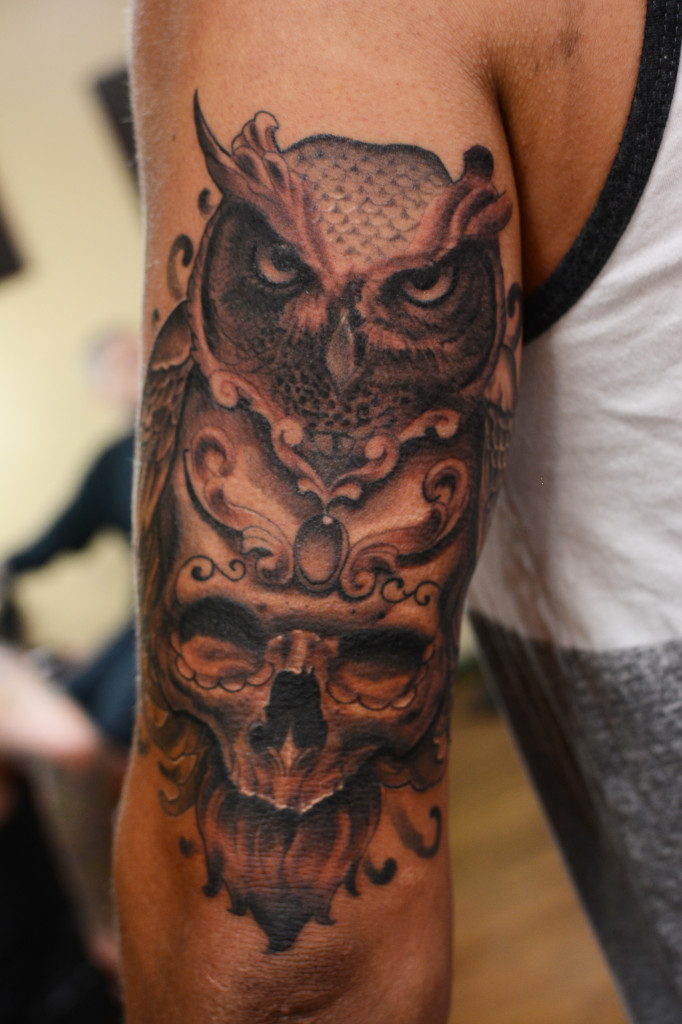 Classic 3D Owl With Sugar Skull Tattoo On Left Half Sleeve