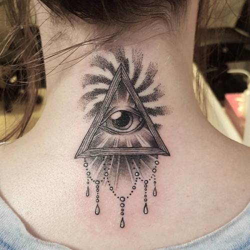 Classic Black And Grey Eye In Triangle Tattoo On Girl Back Neck