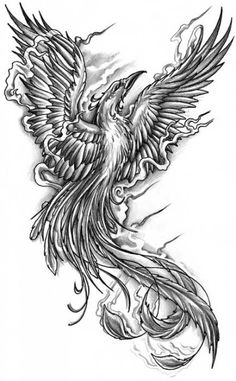 Classic Black And Grey Flying Phoenix Tattoo Design