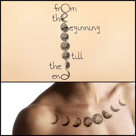 Classic Black And Grey Phases Of The Moon Tattoo On Collarbone