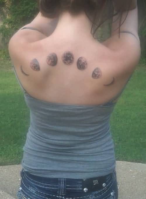Classic Black And Grey Phases Of The Moon Tattoo On Girl Upper Back (2)