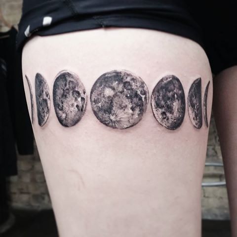 Classic Black And Grey Phases Of The Moon Tattoo On Right Thigh
