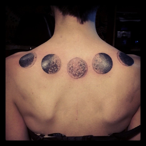 Classic Black And Grey Phases Of The Moon Tattoo On Upper Back