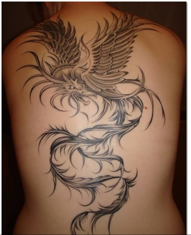 Classic Black And Grey Phoenix Bird Tattoo On Full Back