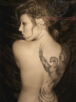 Classic Black And Grey Phoenix Tattoo On Girl Full Back