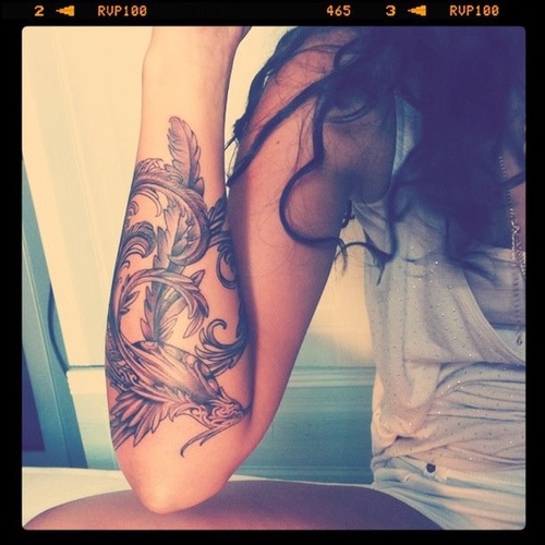Classic Black And Grey Phoenix Tattoo On Girl Right Arm
