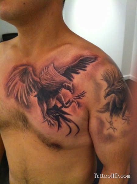 Classic Black And Grey Phoenix Tattoo On Man Chest