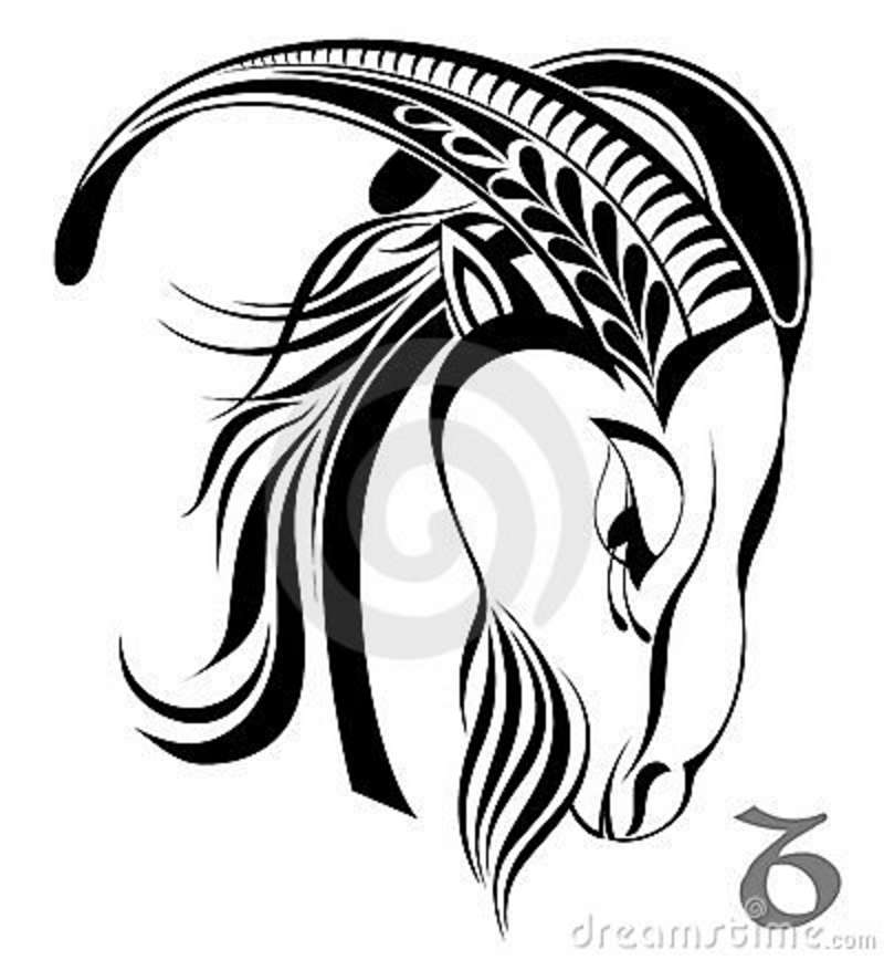 Classic Black Capricorn Head Zodiac Sign Tattoo Design