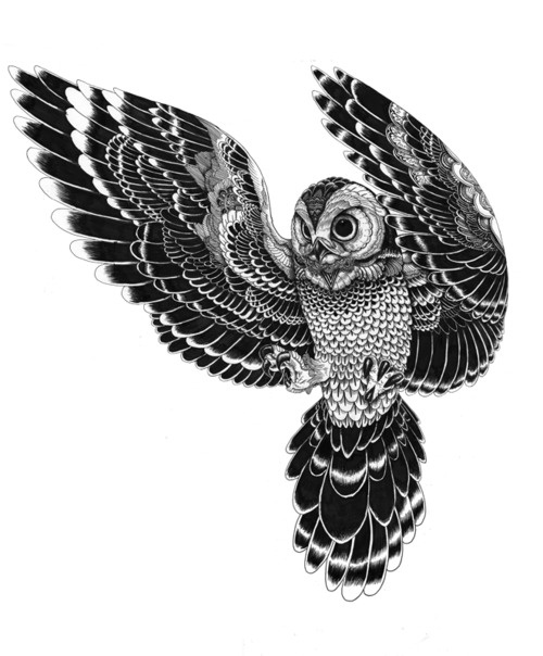 Classic Black Ink Flying Owl Tattoo Design