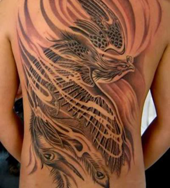 Classic Black Ink Flying Phoenix Tattoo On Full Back