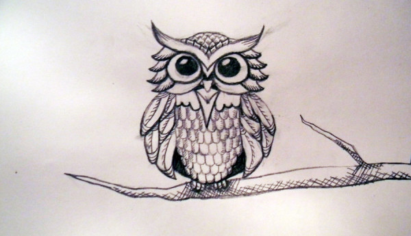 Classic Black Ink Owl On Tree Branch Tattoo Design
