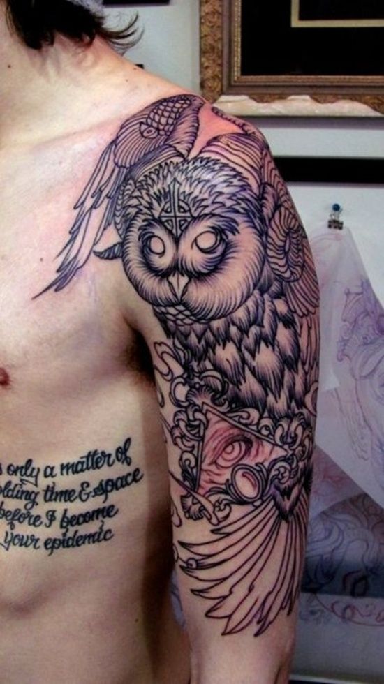 Classic Black Ink Owl With Illuminati Eye Tattoo On Man Left Half Sleeve
