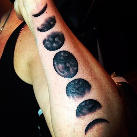 Classic Black Ink Phases Of The Moon Tattoo On Left Arm