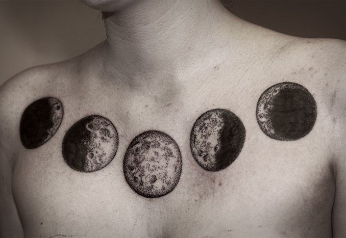 Classic Black Ink Phases Of The Moon Tattoo On Man Chest