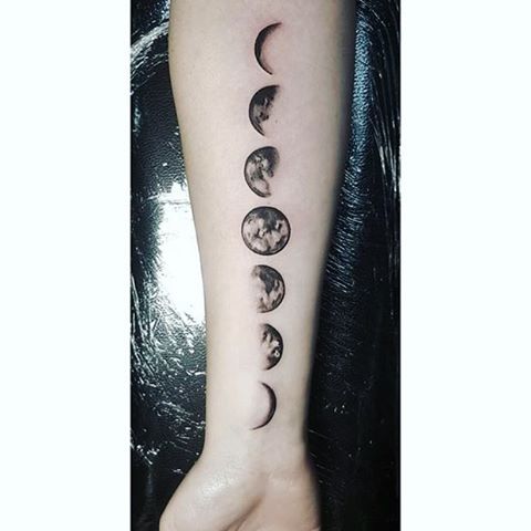 Classic Black Ink Phases Of The Moon Tattoo On Right Forearm