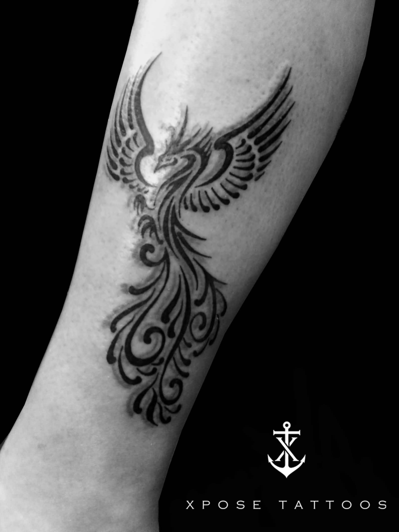 Classic Black Ink Phoenix Tattoo Design For Leg By Xpose