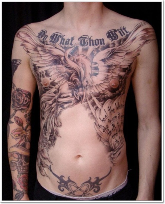 Classic Black Ink Phoenix Tattoo On Man Chest