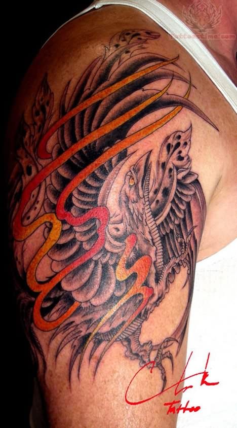Classic Black Ink Phoenix Tattoo On Man Right Shoulder