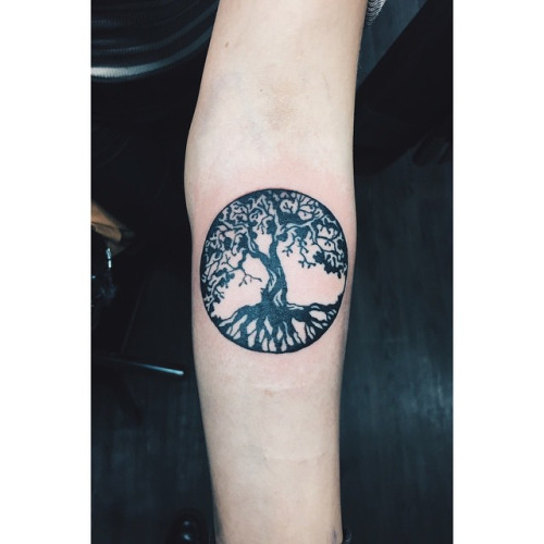 Classic Black Ink Tree Of Life Tattoo Design For Forearm