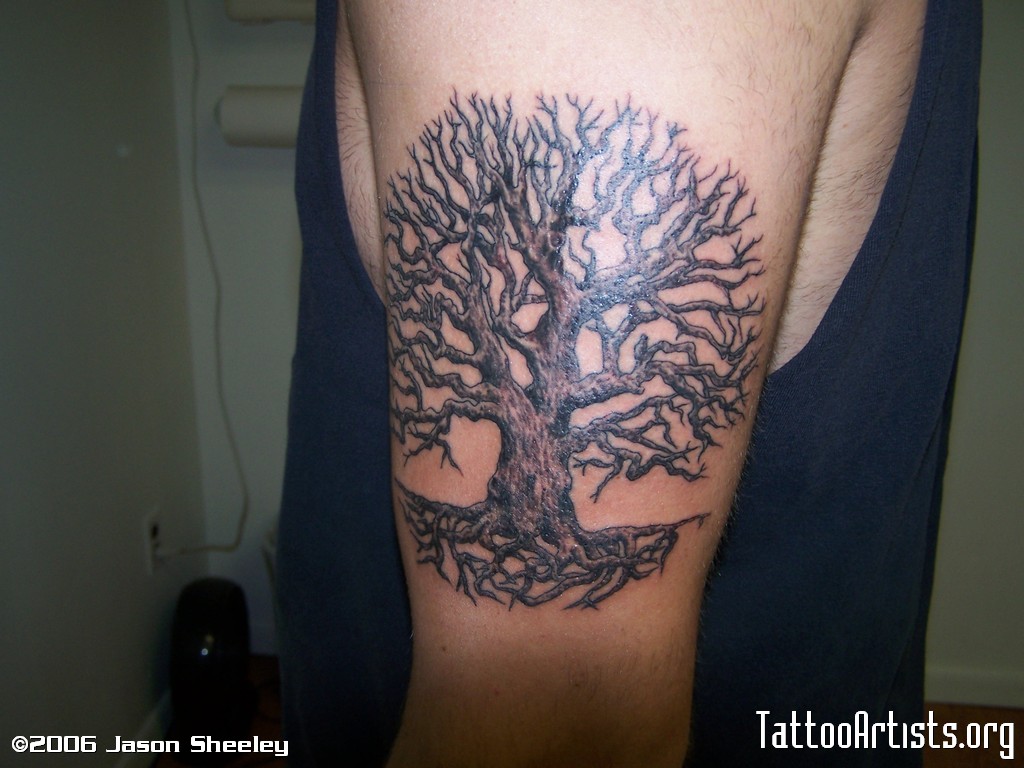 Classic Black Ink Tree Of Life Tattoo On Left Half Sleeve