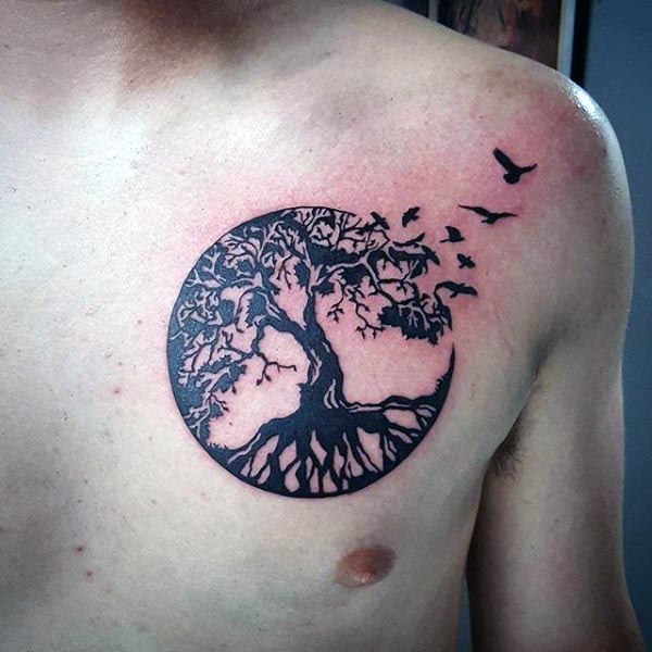 Classic Black Ink Tree Of Life Tattoo On Man Left Front Shoulder