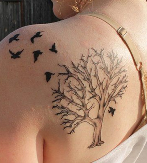 Classic Black Ink Tree Of Life With Flying Birds Tattoo On Girl Left Back Shoulder