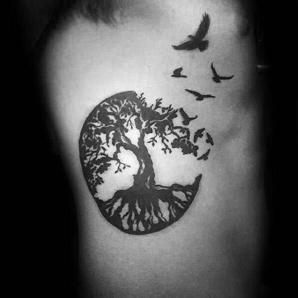 Classic Black Ink Tree Of Life With Flying Birds Tattoo On Side Rib
