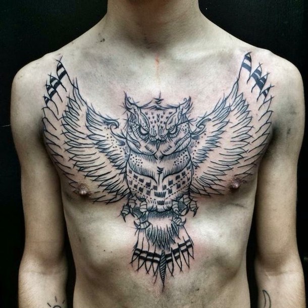 Classic Black Outline Flying Owl Tattoo On Man Chest