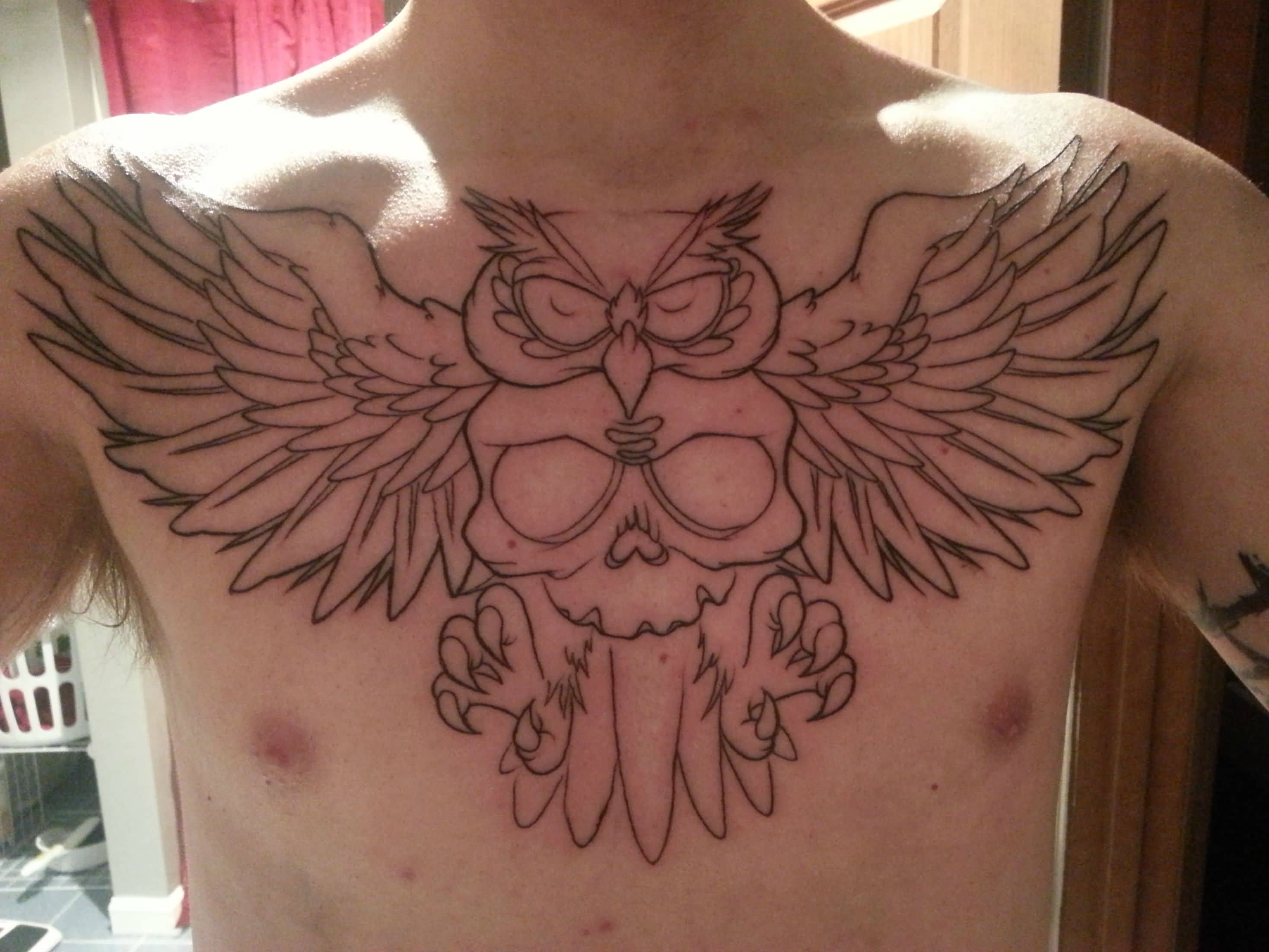 Classic Black Outline Owl With Skull Tattoo On Man Chest By Emily Chance