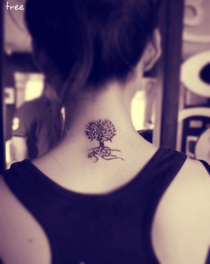 Classic Black Tree Of Life Tattoo On Girl Back Neck By Iiyeni