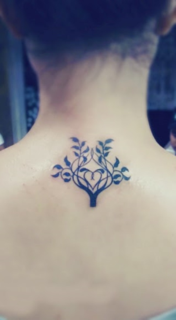Classic Black Tree Of Life Tattoo On Girl Back Neck