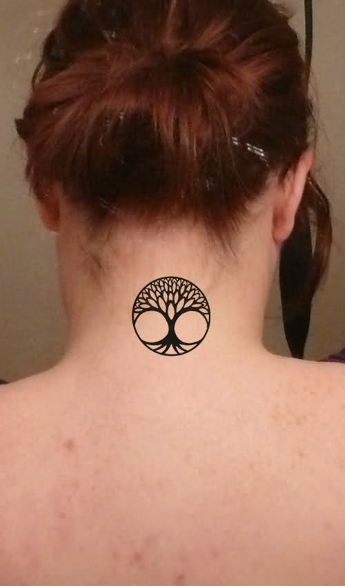 Classic Black Tree Of Life Tattoo On Women Back Neck