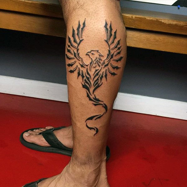 Classic Black Tribal Phoenix Tattoo On Left Leg