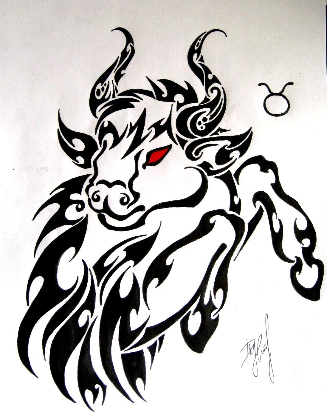 Classic Black Tribal Taurus Zodiac Sign Tattoo Design