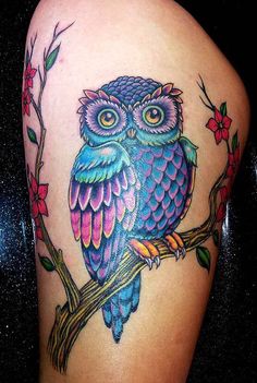 Classic Colorful Owl On Branch Tattoo Design For Thigh